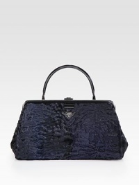 Astrakhan lamb bag with leather trim.Leather top handle, 4½ dropPush-lock closureProtective metal feetOne inside zip pocketTwo inside open pocketsLeather lining14½W X 8½H X 7DMade in Italy Astrakhan lamb bag with leather trim.Leather top handle, 4½ dropPush-lock closureProtective metal feetOne inside zip pocketTwo inside open pocketsLeather lining14½W X 8½H X 7DMade in Italy