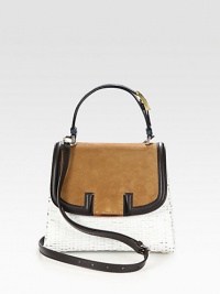 Classic flap-front design of woven raffia paired with soft suede and contrast leather trim. Adjustable leather top handle, 5¼-6 dropAdjustable detachable leather shoulder strap, 19¼-26 dropFlap closureProtective metal feetOne inside zip pocketLinen lining10½W X 8¾H X 5¼DMade in Italy Classic flap-front design of woven raffia paired with soft suede and contrast leather trim. Adjustable leather top handle, 5¼-6 dropAdjustable detachable leather shoulder strap, 19¼-26 dropFlap closureProtective metal feetOne inside zip pocketLinen lining10½W X 8¾H X 5¼DMade in Italy