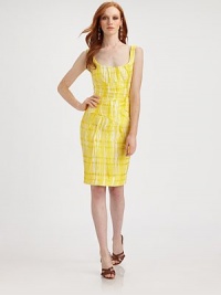 Brightly-hued jacquard in a painterly print, tailored in a form-fitting silhouette.ScoopneckSleevelessAllover pleated detailsBack ventConcealed back zipAbout 21½ from natural waist40% cotton/34% silk/26% nylonDry cleanMade in Italy of imported fabricModel shown is 5'11 (180cm) wearing US size 4.OUR FIT MODEL RECOMMENDS ordering true size. Brightly-hued jacquard in a painterly print, tailored in a form-fitting silhouette.ScoopneckSleevelessAllover pleated detailsBack ventConcealed back zipAbout 21½ from natural waist40% cotton/34% silk/26% nylonDry cleanMade in Italy of imported fabricModel shown is 5'11 (180cm) wearing US size 4.OUR FIT MODEL RECOMMENDS ordering true size.