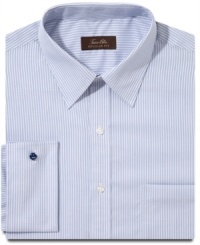 With long, lean stripes and sophisticated French cuffs, this Tasso Elba dress shirt cuts an elegant silhouette in your wardrobe. With long, lean stripes and sophisticated French cuffs, this Tasso Elba dress shirt cuts an elegant silhouette in your wardrobe.
