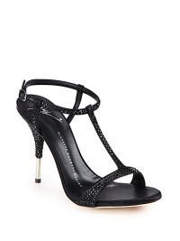 THE LOOKT-strap silhouette Ankle buckleRhinestone detailsMetal stilleto heelTHE FITHeel 4 (100mm)THE MATERIALLeather & metalLeather lining and soleORIGINMade in Italy THE LOOKT-strap silhouette Ankle buckleRhinestone detailsMetal stilleto heelTHE FITHeel 4 (100mm)THE MATERIALLeather & metalLeather lining and soleORIGINMade in Italy