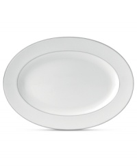 A brighter white. Royal Doulton's Finsbury oval platter embodies chic minimalism, swept with a pretty white-on-white pattern and bands of pewter gray. Versatile bone china proves a smart choice for every day as well as entertaining. A brighter white. Royal Doulton's Finsbury oval platter embodies chic minimalism, swept with a pretty white-on-white pattern and bands of pewter gray. Versatile bone china proves a smart choice for every day as well as entertaining.