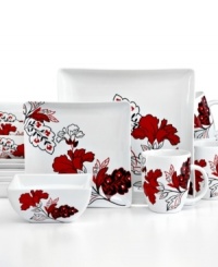 Lush red blossoms cascade across a pure, white ground in the Velvet Bouquet dinnerware set. With its smooth shapes in high-fired porcelain, this fine set makes day-to-day dining and artful experience. Lush red blossoms cascade across a pure, white ground in the Velvet Bouquet dinnerware set. With its smooth shapes in high-fired porcelain, this fine set makes day-to-day dining and artful experience.
