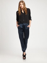 This classic silk style goes beyond the bedroom with a relaxed, lightweight fit and stretchy elastic waistband for added comfort.Elastic waistbandSlash pocketsTapered legsElastic cuffsRise, about 8Inseam, about 30SilkDry cleanMade in USA of imported fabricModel shown is 5'10 (177cm) wearing US size Small. This classic silk style goes beyond the bedroom with a relaxed, lightweight fit and stretchy elastic waistband for added comfort.Elastic waistbandSlash pocketsTapered legsElastic cuffsRise, about 8Inseam, about 30SilkDry cleanMade in USA of imported fabricModel shown is 5'10 (177cm) wearing US size Small.