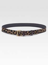 Animal print hair calf with goldtone metal buckle. Width, about 1.25Made in Italy Animal print hair calf with goldtone metal buckle. Width, about 1.25Made in Italy