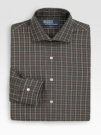 A trim, modern fit in soft cotton twill with a handsome tattersall pattern for a polished look. Buttonfront Moderate spread collar Embroidered logo detail Cotton Machine wash Imported A trim, modern fit in soft cotton twill with a handsome tattersall pattern for a polished look. Buttonfront Moderate spread collar Embroidered logo detail Cotton Machine wash Imported