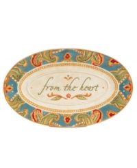 A fresh twist on a familiar pattern, the Carissa Paisley sentiment tray by Fitz and Floyd mixes colorful paisleys with sculpted rope and a warm message, from the heart. A fresh twist on a familiar pattern, the Carissa Paisley sentiment tray by Fitz and Floyd mixes colorful paisleys with sculpted rope and a warm message, from the heart.