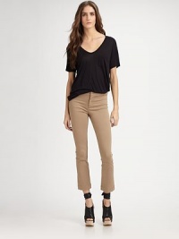 Sleek, body-hugging cotton knit with a hint of stretch and extra flare.Tab-front waistZip-flyFlat frontBack vertical seamsRise, about 8Inseam, about 2998% cotton/2% LycraMachine washMade in USA of imported fabric Sleek, body-hugging cotton knit with a hint of stretch and extra flare.Tab-front waistZip-flyFlat frontBack vertical seamsRise, about 8Inseam, about 2998% cotton/2% LycraMachine washMade in USA of imported fabric