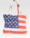 Take a bit of Americana to the beach, the woods or even the mall with this patriotic tote of plush, durable terry, screened with a slightly distressed flag motif.Double shoulder strapsInside open pocketsCotton18W X 15H X 4DMachine washMade in USA