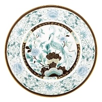 Like palace grounds with meticulous landscaping, Palatial Garden is a study in detail. The accent plate is a work of art in itself showcasing a majestic pheasant. Luscious chocolate and turquoise hues banded in precious gold accent beautiful floral designs to create this regal pattern.