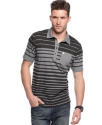 Give and edge to your preppy polo look with the stripes and contrast placket of this shirt from Marc Ecko Cut & Sew. Give and edge to your preppy polo look with the stripes and contrast placket of this shirt from Marc Ecko Cut & Sew.
