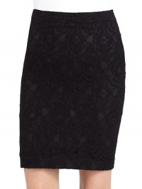 THE LOOKLace design Pencil silhouette Banded waist Side zip closureBack dartsBack vented hemTHE FITAbout 20 longTHE MATERIALNylon/viscoseFully linedCARE & ORIGINDry clean ImportedModel shown is 5'9 (175cm) wearing US size 4. THE LOOKLace design Pencil silhouette Banded waist Side zip closureBack dartsBack vented hemTHE FITAbout 20 longTHE MATERIALNylon/viscoseFully linedCARE & ORIGINDry clean ImportedModel shown is 5'9 (175cm) wearing US size 4.