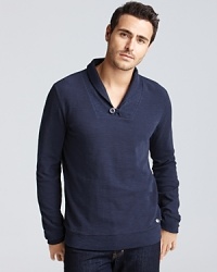 A naturally stylish hybrid, this soft cotton henley sports a shawl collar and simple ribbed trim. A naturally stylish hybrid, this soft cotton henley sports a shawl collar and simple ribbed trim.