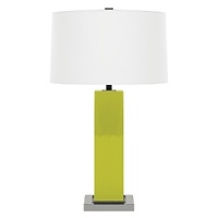 Make an impression with this eye-catching, sleek lamp. Available in an array of colors, it is accented with polished nickel and topped with an off white drum shade. Make an impression with this eye-catching, sleek lamp. Available in an array of colors, it is accented with polished nickel and topped with an off white drum shade.