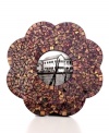 A myriad of glass pieces collect in a flower design to create this shimmering and brilliant picture frame from Purva.