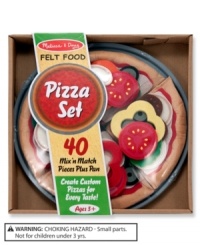 Make a 10-inch felt pizza to please any palate with this 42-piece create-a-pizza set. Your little chef can choose from an array of colorful toppings and even customize each slice. Then slide the pizza into the box – time to deliver! Make a 10-inch felt pizza to please any palate with this 42-piece create-a-pizza set. Your little chef can choose from an array of colorful toppings and even customize each slice. Then slide the pizza into the box – time to deliver!