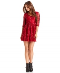 A Macy's exclusive style, metallic details add sparkle to this allover lace Kensie dress for a hot soiree look!