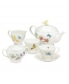 Turn your tabletop into a sun-soaked butterfly haven! From the breakfast table to your dinner party, this gently scalloped tea set will brighten your meal with a yellow and blue butterfly pattern fluttering above vibrant florals.