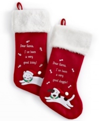 Throw them a bone. Velvety soft Christmas stockings for good cats and dogs get the whole family in on the holiday fun. Featuring pet appliques with bells on, a letter to Santa and plush white cuffs. Throw them a bone. Velvety soft Christmas stockings for good cats and dogs get the whole family in on the holiday fun. Featuring pet appliques with bells on, a letter to Santa and plush white cuffs.