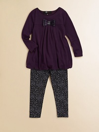 A pretty set that pairs a bow accented tunic with animal print leggings for a chic look. Tunic ScoopneckLong sleevesPull-on styleBow accentedBubble hem71% polyester/24% rayon/5% spandex Leggings Elastic waistband57% cotton/38% polyester/5% spandexMachine washImported A pretty set that pairs a bow accented tunic with animal print leggings for a chic look. Tunic ScoopneckLong sleevesPull-on styleBow accentedBubble hem71% polyester/24% rayon/5% spandex Leggings Elastic waistband57% cotton/38% polyester/5% spandexMachine washImported