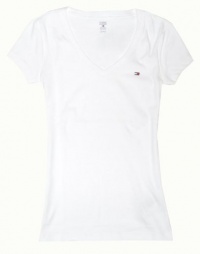Tommy Hilfiger Slim Fit V-neck Women Logo T-shirt (M, White) Tommy Hilfiger Slim Fit V-neck Women Logo T-shirt (M, White)
