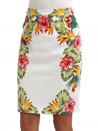 THE LOOKTropical floral printShirred detail along side seams Back zip closure with hook-and-eye closureVented back hemTHE FITAbout 20 from waist to hemTHE MATERIAL97% cotton/3% spandexFully linedCARE & ORIGINDry cleanImportedModel shown is 5'9 (175cm) wearing US size 4. THE LOOKTropical floral printShirred detail along side seams Back zip closure with hook-and-eye closureVented back hemTHE FITAbout 20 from waist to hemTHE MATERIAL97% cotton/3% spandexFully linedCARE & ORIGINDry cleanImportedModel shown is 5'9 (175cm) wearing US size 4.