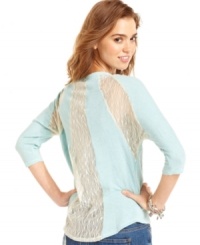 With a back of sheer lace insets, Eyeshadow's three-quarter sleeve top serves up casual style with feminine flair. With a back of sheer lace insets, Eyeshadow's three-quarter sleeve top serves up casual style with feminine flair.