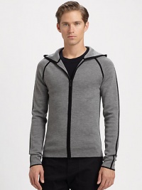 A refined take on the classic hoodie, this warm, finespun wool style is accented with bold contrast detailing.Attached hoodZip frontContrast trimWoolHand washImported A refined take on the classic hoodie, this warm, finespun wool style is accented with bold contrast detailing.Attached hoodZip frontContrast trimWoolHand washImported