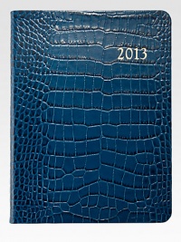 Organize your day, week, month and year in this vertically-formatted desk diary.Hand-crafted, Smyth-sewn crocodile-embossed leather coverGilt-edged acid-free creamy white paperAbout 7W X 9¼HMade in USA Organize your day, week, month and year in this vertically-formatted desk diary.Hand-crafted, Smyth-sewn crocodile-embossed leather coverGilt-edged acid-free creamy white paperAbout 7W X 9¼HMade in USA