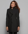 Add some feminine charm to your winter rotation of petite outerwear with this cozy ruffle front coat from DKNY.