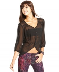 Lily White combines sheer design with a tulip-style, high-low hem on a top that's both airy and romantic. Lily White combines sheer design with a tulip-style, high-low hem on a top that's both airy and romantic.