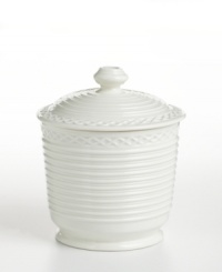 The Trousseau jar can be used to hold all your favorite bathroom knickknacks. The all-white textured look makes it an easy fit with any type of décor. The Trousseau jar can be used to hold all your favorite bathroom knickknacks. The all-white textured look makes it an easy fit with any type of décor.
