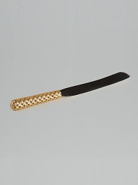 Stainless steel bread knife with gold-plated hollow braid patterned handle coordinates well with a special table display. Available in platinum plating. 13 long Comes in gift box Imported Stainless steel bread knife with gold-plated hollow braid patterned handle coordinates well with a special table display. Available in platinum plating. 13 long Comes in gift box Imported