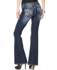 Rhinestones and floral embroidery add feminine flair to these Miss Me bootcut jeans -- perfect for a flirty spring look! Rhinestones and floral embroidery add feminine flair to these Miss Me bootcut jeans -- perfect for a flirty spring look!