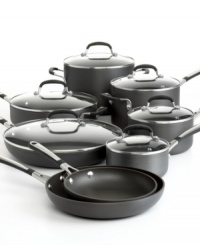 This all-inclusive cookware set from Simply Calphalon is simply irresistible. With its quick-heating, hard-anodized exterior and double coating of exclusive nonstick formula, you'll bring out the best in your kitchen meal after meal. 10-year warranty. This all-inclusive cookware set from Simply Calphalon is simply irresistible. With its quick-heating, hard-anodized exterior and double coating of exclusive nonstick formula, you'll bring out the best in your kitchen meal after meal. 10-year warranty.