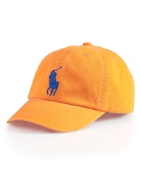 A preppy baseball cap in signature cotton twill features athletic-inspired embroidery for iconic heritage. A preppy baseball cap in signature cotton twill features athletic-inspired embroidery for iconic heritage.
