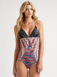 An intriguing swimsuit with an idyllic combination of contrasting prints and a head-turning neckline. Plunging necklineSelf ties at backRayon/polyesterHand washMade in Italy of imported fabric An intriguing swimsuit with an idyllic combination of contrasting prints and a head-turning neckline. Plunging necklineSelf ties at backRayon/polyesterHand washMade in Italy of imported fabric