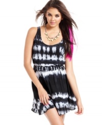 A super-vivid tie-dye print makes this flirty Material Girl dress all about boho-cool! A super-vivid tie-dye print makes this flirty Material Girl dress all about boho-cool!