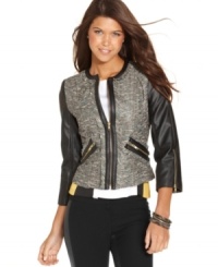 With its textured tweed fabric and tailored construction, this lightweight jacket from XOXO will have you looking sharp from day to night! Faux-leather sleeves and exposed zipper details add serious edge! With its textured tweed fabric and tailored construction, this lightweight jacket from XOXO will have you looking sharp from day to night! Faux-leather sleeves and exposed zipper details add serious edge!
