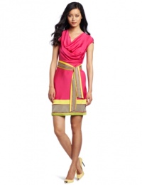 Catherine Malandrino Women's Sleeveless Cowl Neck Dress with Color Block Stripe, Pink, 6