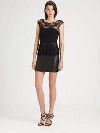 A lacy bodice and a ruffled peplum lend a feminine touch to a faux leather skirt.Jewel necklineSleevelessSheer yokeRuffled peplumAbout 16 from natural waistBodice: nylon/spandexLace: rayon/nylon/spandexSkirt: polyurethaneDry cleanMade in USA of imported fabricModel shown is 5'10 (177cm) wearing US size Small. A lacy bodice and a ruffled peplum lend a feminine touch to a faux leather skirt.Jewel necklineSleevelessSheer yokeRuffled peplumAbout 16 from natural waistBodice: nylon/spandexLace: rayon/nylon/spandexSkirt: polyurethaneDry cleanMade in USA of imported fabricModel shown is 5'10 (177cm) wearing US size Small.