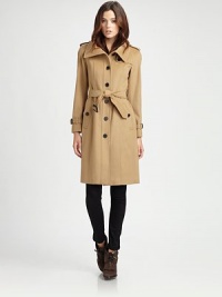 Classic trench details define this wool/cashmere blend design.EpaulettesButton gunflapButton frontSelf beltButton pocketsBelted buckle cuffsButton-down rainflapBack ventFully linedAbout 38 from shoulder to hemWool/cashmereDry cleanImportedModel shown is 5'10 (177cm) wearing US size 4. Classic trench details define this wool/cashmere blend design.EpaulettesButton gunflapButton frontSelf beltButton pocketsBelted buckle cuffsButton-down rainflapBack ventFully linedAbout 38 from shoulder to hemWool/cashmereDry cleanImportedModel shown is 5'10 (177cm) wearing US size 4.