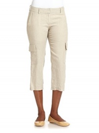 THE LOOKBanded waist with belt loopsFront zip with double hook closureSide pocketsCargo pocketsSeam detailsBack dartsBack besom pocketTHE FITRise, about 9Inseam, about 22THE MATERIALOrganic linenCARE & ORIGINMachine washImportedModel shown is 5'9½ (176cm) wearing US size 4. THE LOOKBanded waist with belt loopsFront zip with double hook closureSide pocketsCargo pocketsSeam detailsBack dartsBack besom pocketTHE FITRise, about 9Inseam, about 22THE MATERIALOrganic linenCARE & ORIGINMachine washImportedModel shown is 5'9½ (176cm) wearing US size 4.