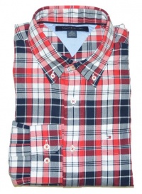 Tommy Hilfiger Men Plaid Long Sleeve Logo Shirt (M, Red/navy/white) Tommy Hilfiger Men Plaid Long Sleeve Logo Shirt (M, Red/navy/white)