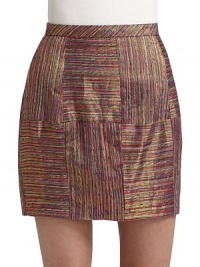 This eclectic look woven from colorful metallic yarns, adds vibrant fun to your day to night repertoire.Banded waist Seamed panels Exposed zipper at the back About 17 long Fully lined Polyester; dry clean Imported This eclectic look woven from colorful metallic yarns, adds vibrant fun to your day to night repertoire.Banded waist Seamed panels Exposed zipper at the back About 17 long Fully lined Polyester; dry clean Imported