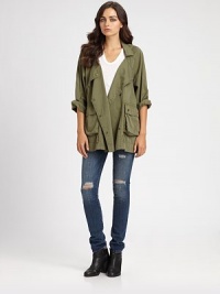 Double-breasted front and oversized cargo pockets add military inspiration to this oversized cotton jacket. Notched collarDouble-breasted snap closuresButtoned flap pocketsLong sleevesFront flap pocketsAbout 25 from shoulder to hemCottonMachine washMade in USAModel shown is 5'10 (177cm) wearing US size Small. Double-breasted front and oversized cargo pockets add military inspiration to this oversized cotton jacket. Notched collarDouble-breasted snap closuresButtoned flap pocketsLong sleevesFront flap pocketsAbout 25 from shoulder to hemCottonMachine washMade in USAModel shown is 5'10 (177cm) wearing US size Small.