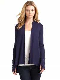 THE LOOKThermal knit constructionOpen frontLong sleevesTHE FITAbout 26 from shoulder to hemTHE MATERIALBody: 48% supima cotton/48% micro modal/4% spandexTrim: 50% cotton/50% modalCARE & ORIGINMachine washMade in USAModel shown is 5'9½ (176cm) wearing US size Small. THE LOOKThermal knit constructionOpen frontLong sleevesTHE FITAbout 26 from shoulder to hemTHE MATERIALBody: 48% supima cotton/48% micro modal/4% spandexTrim: 50% cotton/50% modalCARE & ORIGINMachine washMade in USAModel shown is 5'9½ (176cm) wearing US size Small.