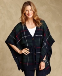 Cozy into a classic. Tommy Hilfiger's plaid cape-style sweater coat ties at the waist for a flattering fit. Cozy into a classic. Tommy Hilfiger's plaid cape-style sweater coat ties at the waist for a flattering fit.