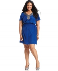 Looking super-cute is a cinch with Trixxi's short sleeve plus size dress, featuring an embellished neckline and smocked waist. Looking super-cute is a cinch with Trixxi's short sleeve plus size dress, featuring an embellished neckline and smocked waist.