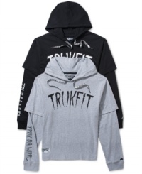 Post-workout or just hanging on the weekend, this graphic layered hoodie from Trukfit is your fall casual staple. Post-workout or just hanging on the weekend, this graphic layered hoodie from Trukfit is your fall casual staple.